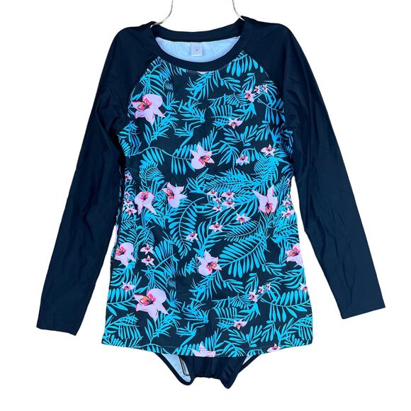 Womens Swimsuit Multicolor Floral 2 Piece Padded Long Sleeve Rash Guard Small - Picture 1 of 15